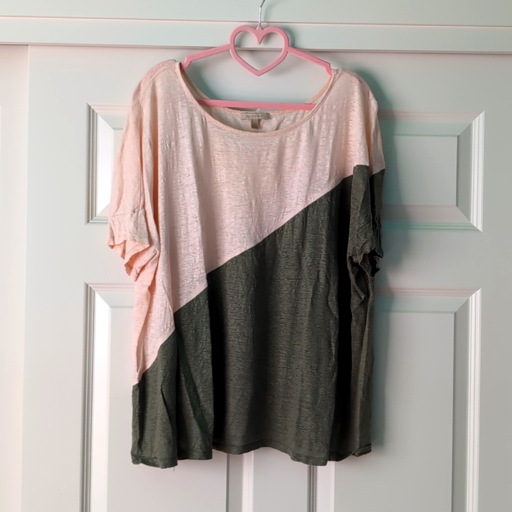 Anthropologie Bordeaux Pink and Olive Linen T-shirt